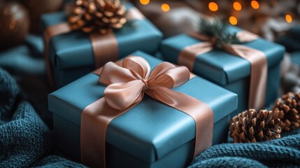 Teal gift boxes with rose gold ribbon, pine cones, cozy setting.