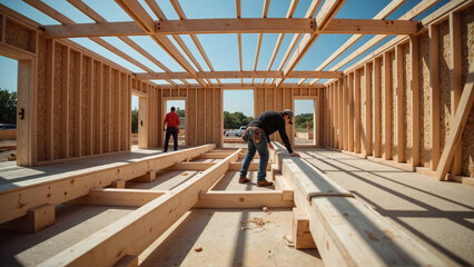 Fototapeta premium Carpenters Building Wooden Framework at Construction Site, Labor Day Celebration