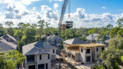 A crane lifting roof trusses at a modern townhome construction site, with surrounding houses and trees in the background