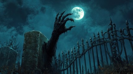 A decayed hand clawing out of a grave near an iron-wrought fence, illuminated by the eerie glow of a crescent moon.