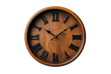 Elegant wooden wall clock displaying Roman numerals and classic design on a wooden background