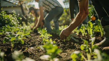 Fototapeta premium Gardeners Collaborating in a Lush Vegetable Garden Setting