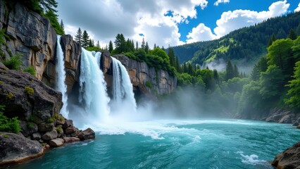 Fototapeta premium Majestic waterfall cascading into azure waters, surrounded by lush forest under a clear sky. Nature's serene beauty captured in vibrant greens and blues