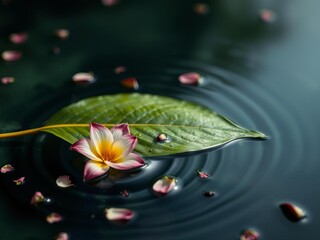 Abstract water ripples with organic leaf and flower petals floating on the surface, water, natural