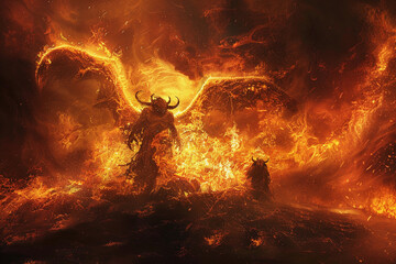 Scary sinister devil is in hell with dramatic bright fire lighting, abstract vivid composition consists of fictional unreal fantastic vision on background