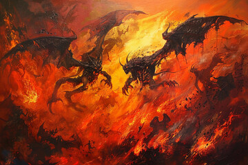 Scary sinister devil is in hell with dramatic bright fire lighting, abstract vivid composition consists of fictional unreal fantastic vision on background