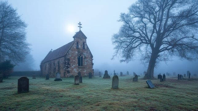 A foggy graveyard with a disfigured church constructed from mismatched bricks and timber, surrounded by dead trees under a ghostly moon