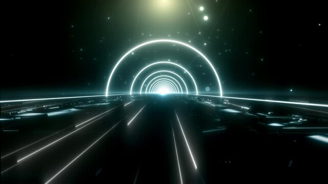 Neon Reflection VJ Universal Background Loop. 3D rendering. Travel passing neon nebula on light bridge with reflection go to deep background seamless loop.
