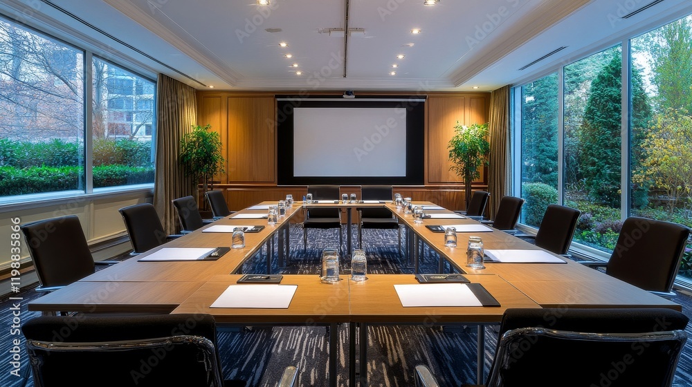 Poster a large conference room with a projector screen and a long table with chairs. the room is filled wit