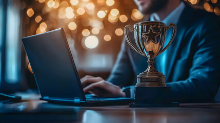 Employee of the month, rewarding personnel who reach sales targets, Achieving company goals, Star employee, Businessman using laptop with virtual trophy