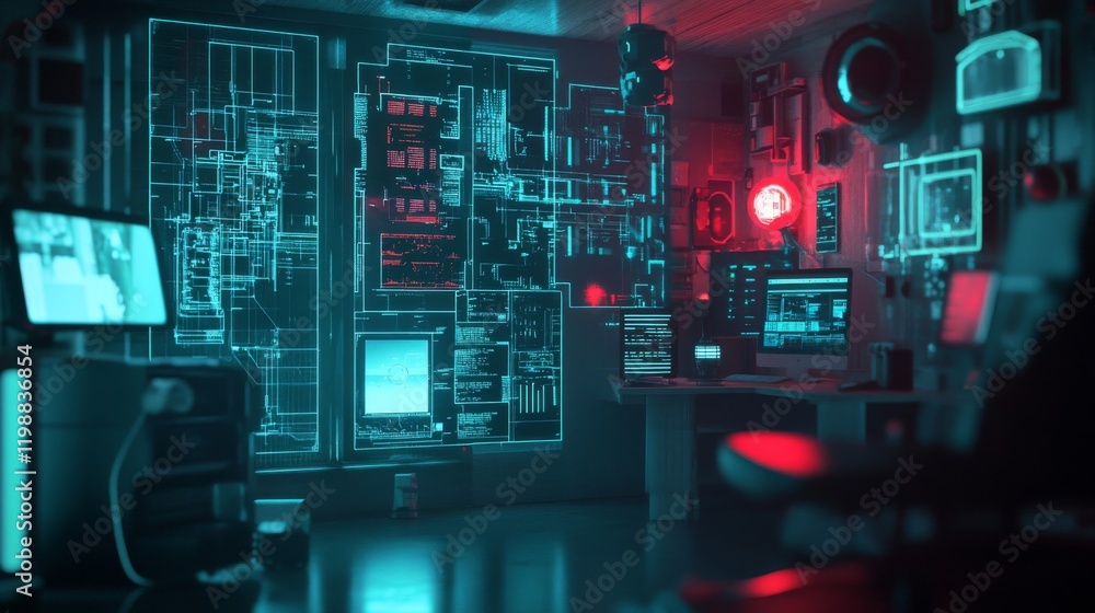 Poster cyberpunk hacker room with glowing neon lights and digital interfaces