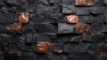 Fototapeta premium Modern Stone Wall Texture With Black and Copper Elements, Contemporary Architectural Design