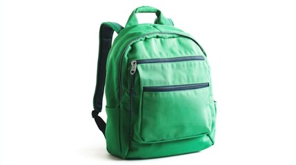 Fototapeta premium A green eco-friendly school backpack, made from recycled materials, isolated on white with room for descriptive text on the side