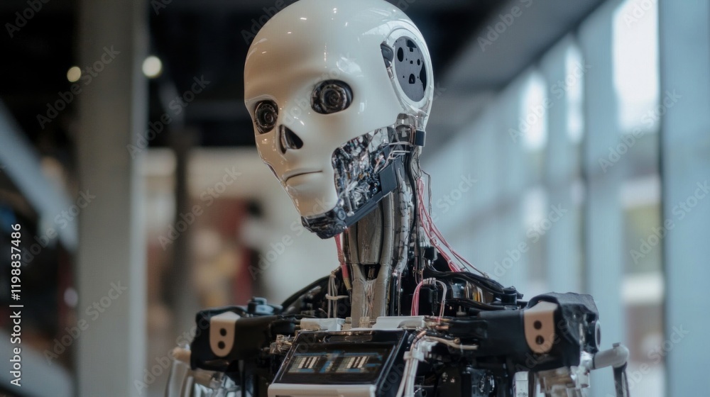 Poster close-up of a realistic humanoid robot head with exposed circuitry