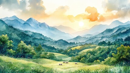 Obraz premium Serene landscape with mountains, rolling hills, and grazing animals at sunset.