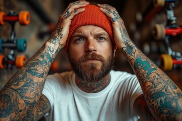 A tattooed man in a beanie, looking contemplative in a skateboarding environment.