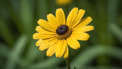 Obraz premium yellow flower in dew close-up among grass.