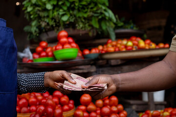 Close-up view of a transaction in a local market, with hands exchanging money surrounded by fresh...