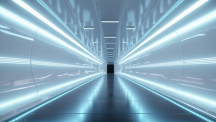 Fototapeta premium blue and white neon long corridor with darkness at the end