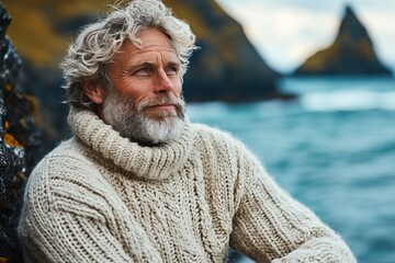 A thoughtful man in a cozy sweater gazes at the ocean, surrounded by dramatic coastal scenery.