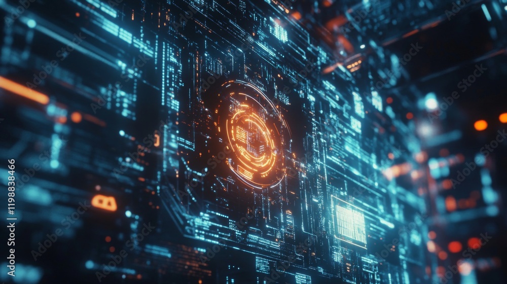 Aufkleber abstract digital network technology background with glowing orange and blue circuits
