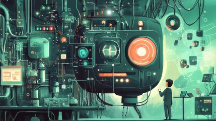 Fototapeta premium A young man observing a complex futuristic machine in a space laboratory
