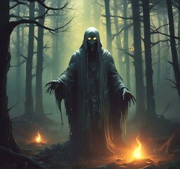 Illustration of glowing ghost in creepy forest.