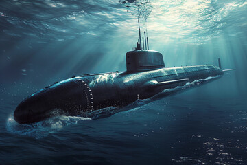 Beautiful large submarine floating in middle of deep ocean during mission, abstract vivid composition consists of fictional unreal fantastic vision on background