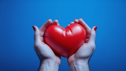 Fototapeta premium female hands holding red heart on blue background