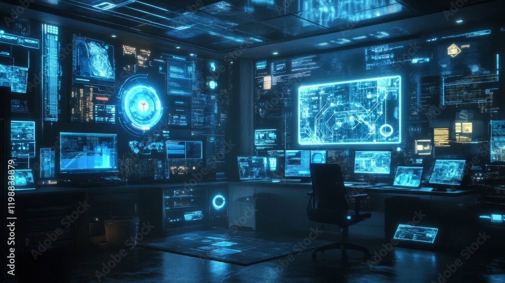 Poster futuristic control room with blue digital interfaces and data visualizations