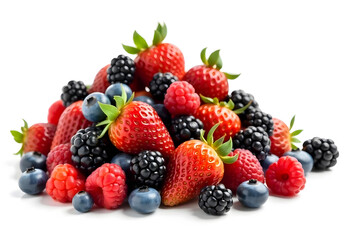 Pile of fresh ripe strawberries, blueberries and blackberries with green leaves, surrounded by yellow bananas on a wooden table under bright sunlight