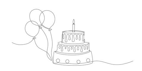 Birthday cake one line drawing in single line art style. Continuous line drawing of birthday cake with candles and balloons. Doodle sketch concept. Editable stroke design elements. Vector Illustration