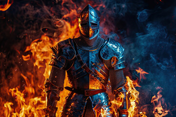 Fantastic beautiful royal knight in iron armor guards castle chambers, abstract vivid composition consists of fictional unreal fantastic vision on background