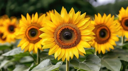 Obraz premium Vibrant sunflowers in a field, summer bloom, nature background, ideal for greeting cards