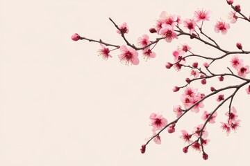 A delicate cherry blossom branch with vibrant pink flowers set against a minimalist beige background, perfect for serene and tranquil designs.