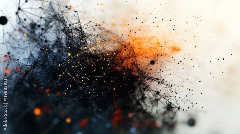 Poster abstract particle network background with orange and black glows