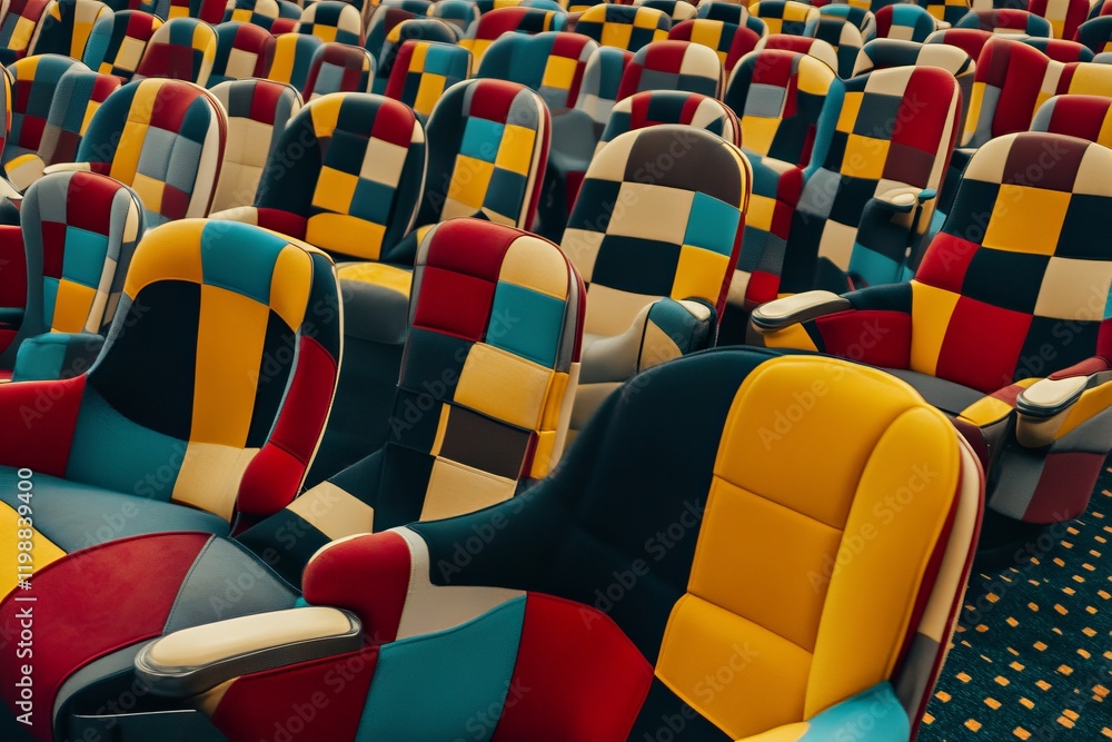 Poster a row of colorful chairs in a theater. the chairs are in different colors and patterns. there are at