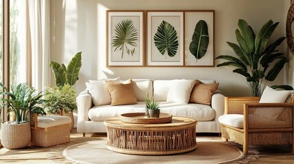A cozy living room with wooden furniture, a white sofa, and plants. 