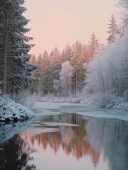 Obraz premium Frozen Lake with Snowy Trees