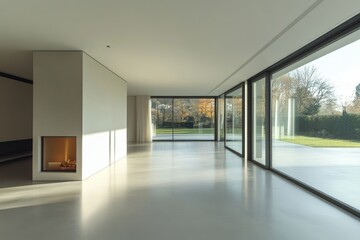 Obraz premium Bright and airy modern living room featuring floor-to-ceiling windows and a sleek fireplace, offering a tranquil garden view.