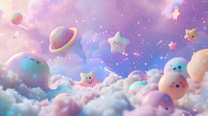 A soft and dreamy universe with fluffy pastel clouds floating among shimmering stars and glowing galaxies