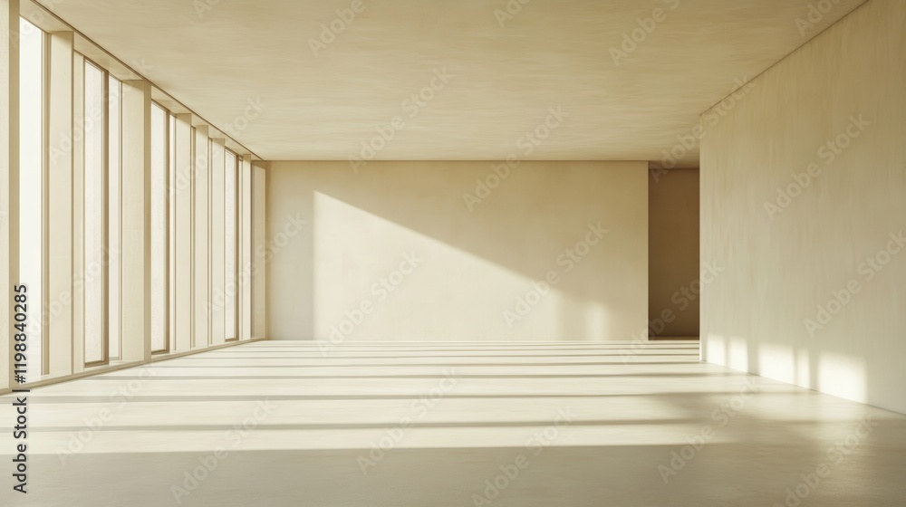 Poster a spacious minimalist interior with large windows casting soft shadows, creating a serene and modern