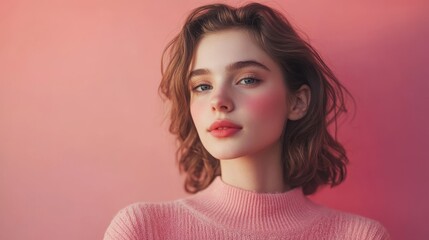 Fototapeta premium Portrait of a young Caucasian woman with wavy hair in a pink sweater, looking confident against pink background, fashion or lifestyle promotions