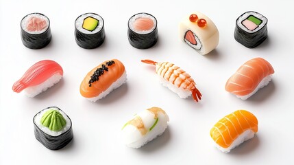 Fototapeta premium Isometric sushi icons set, soft clay texture, clean white.