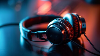 A high-end noise-canceling headphone, isolated on a reflective surface with subtle lighting accentuating its design.