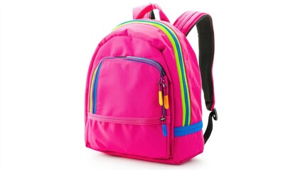 Fototapeta premium A pink school backpack with colorful zipper accents, isolated on a bright white background, ideal for promotional or educational designs.
