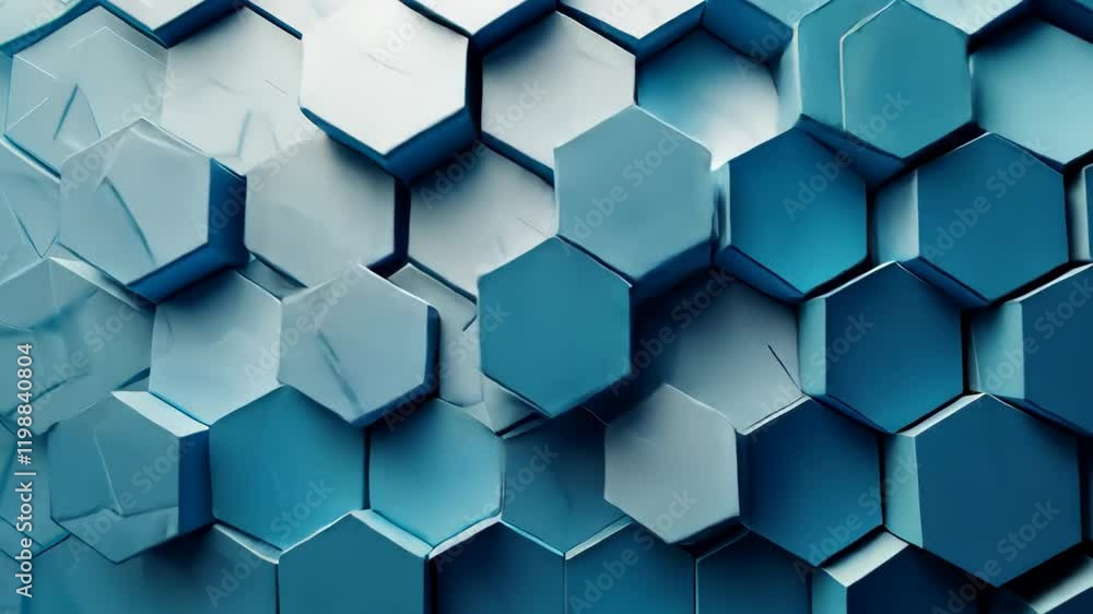 Poster an abstract background featuring a dynamic arrangement of hexagons in varying shades of blue, creati