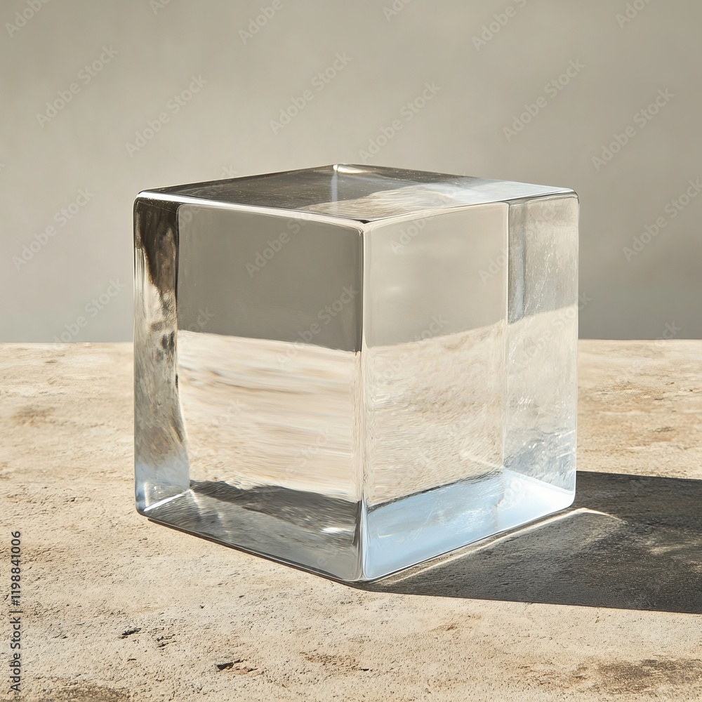 Poster a clear glass cube sits elegantly on a minimalist surface, capturing light and casting soft reflecti