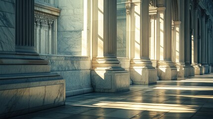 Obraz premium A quiet early morning view of the New York Public Library, with soft light casting shadows on its marble facade.