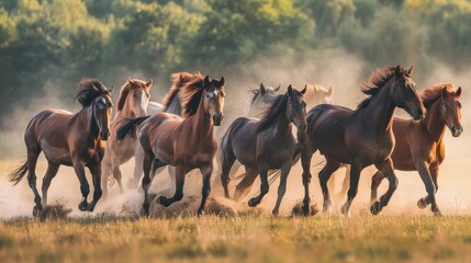 Fototapeta premium Horses Galloping Through a Dusty Field Under Natural Light